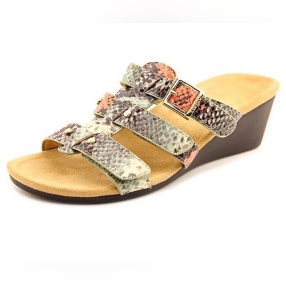 Vionic Orthotic Faux Snakeskin Triple Strap Slide Wedge Sandals Size 6